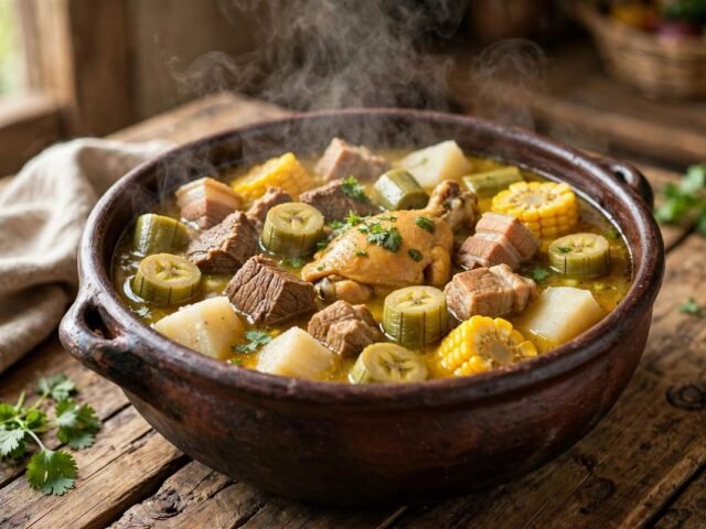 Sancocho dominicano de tres carnes con víveres